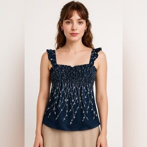 Elie Tahari Blue Floral Silk Satin Blouse Women’s M Fairy Cottagecore Coquette